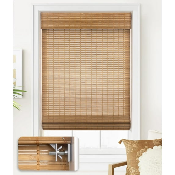 LazBlinds No Tools No Drill Cordless Bamboo Roman Shades, Light Filtering Window Treatment, Roll Up Bamboo Blinds for Window 30'' W x 64'' H, Squirrel