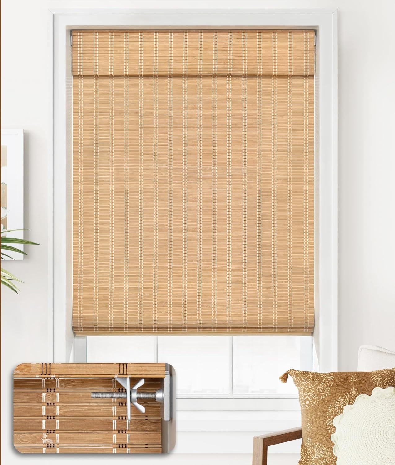 LazBlinds Cordless Bamboo No Tools No Drill Light Filtering Window Treatment Roll Up Blinds, Brown, 35" x 64"