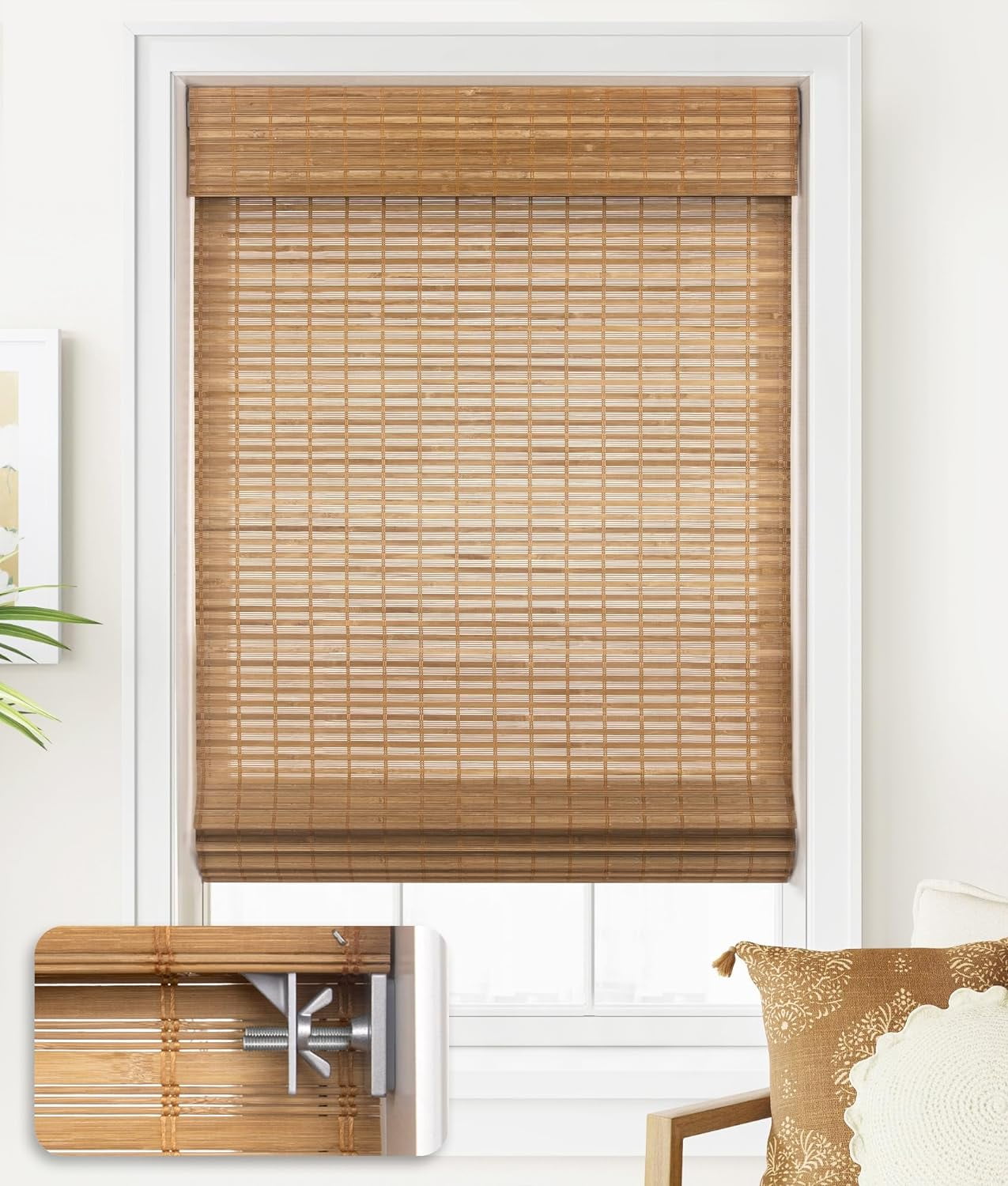 Lazblinds No Tools No Drill Cordless Bamboo Roman Shades, Light Filtering Window Treatment, Roll Up Bamboo Blinds for Window 30'' W x 64'' H, Brown