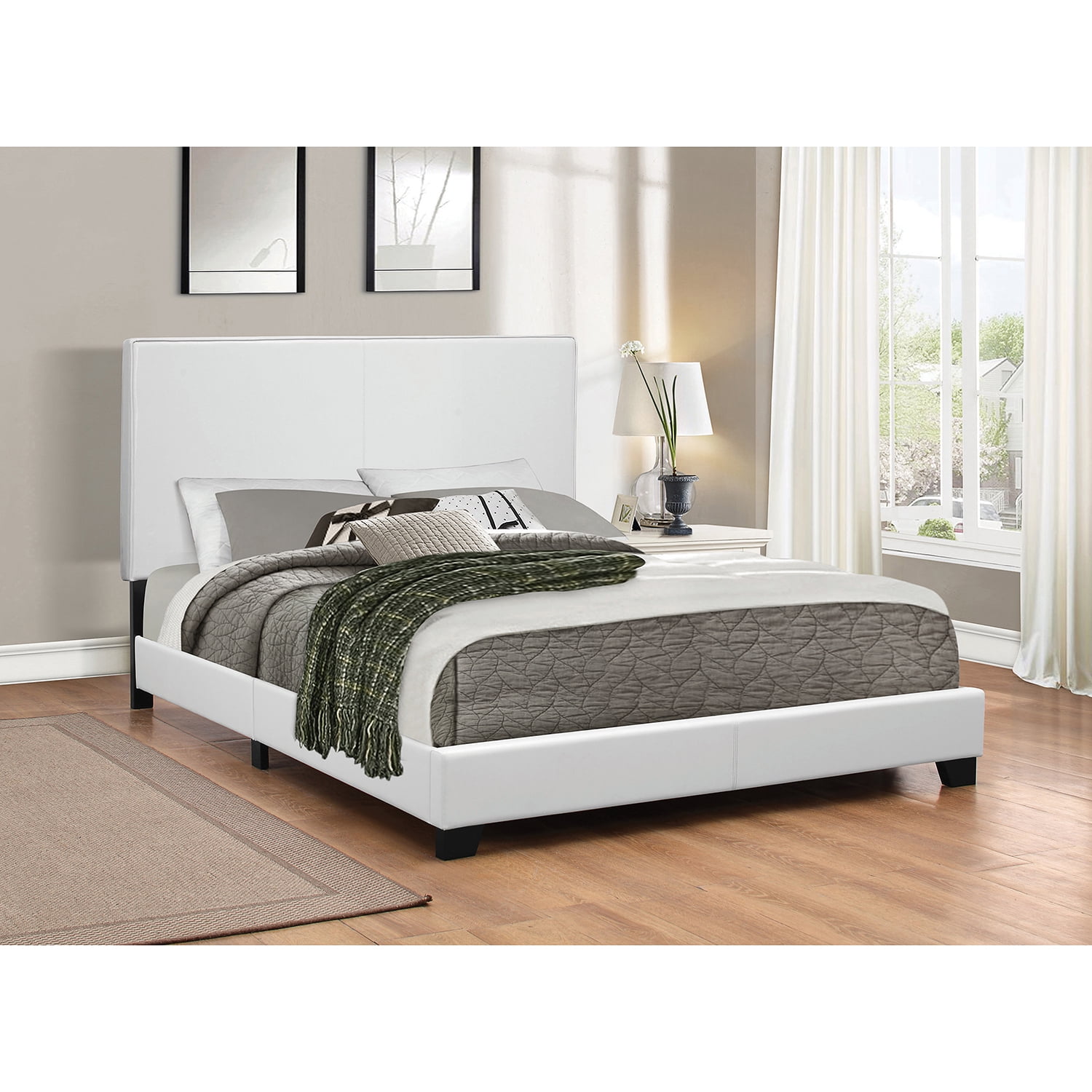 White Faux Leather Twin Upholstered Platform Bed with Headboard
