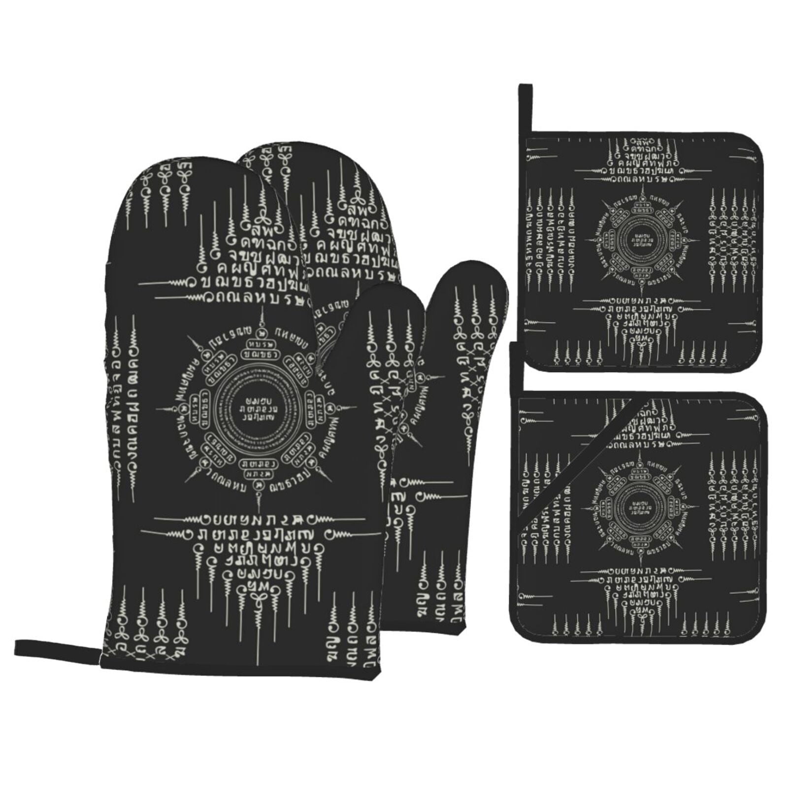 Muay Thai Sacred Symbol 4Pcs Oven Mitts and Pot Holders Sets Oven Kitchen Gloves Hot Pads for Cooking BBQ Baking Grilling