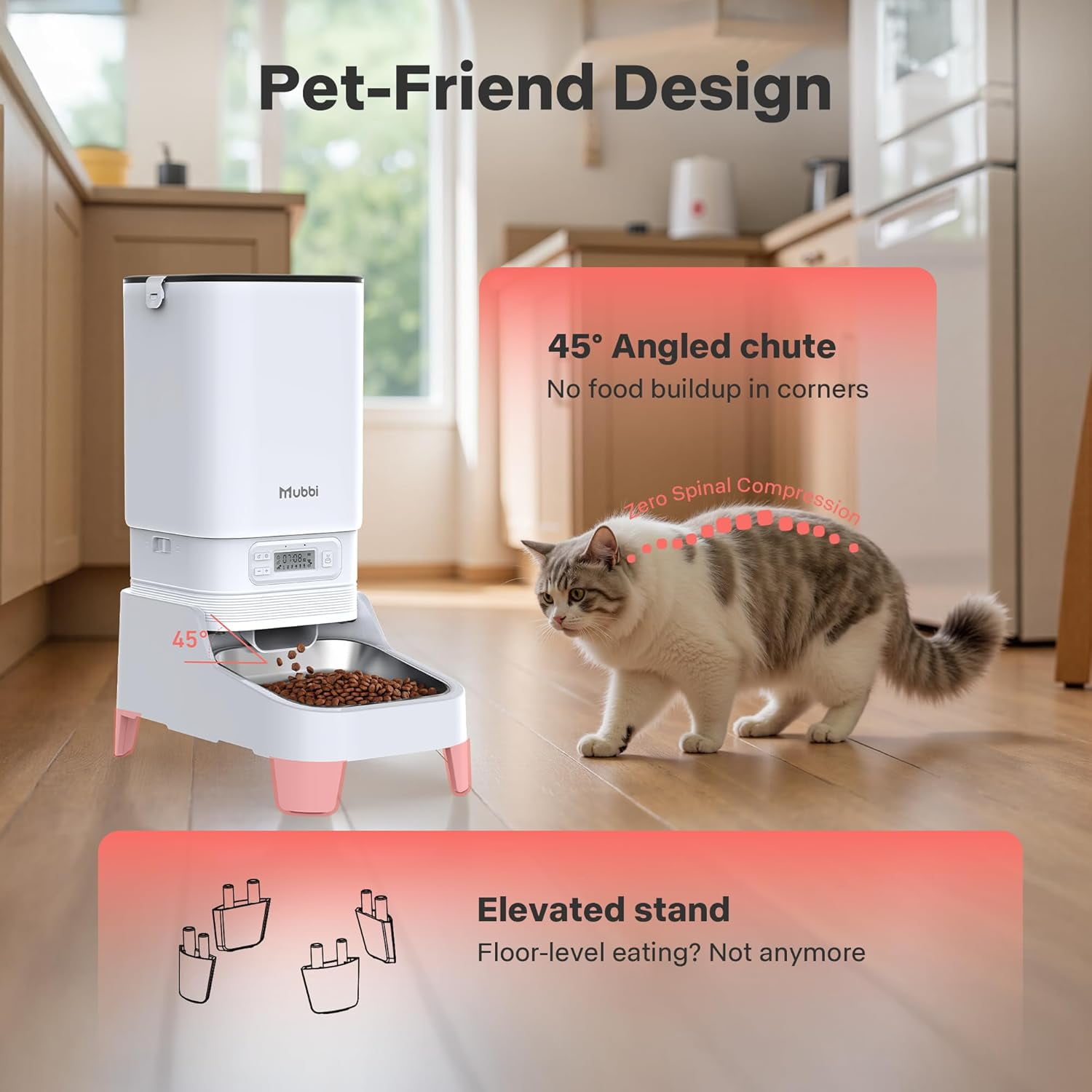 Mubbi Automatic Cat Feeder with Elevated Legs, 7L Stainless Steel Bowl, No-Jam Timer for Cats and Small Dogs