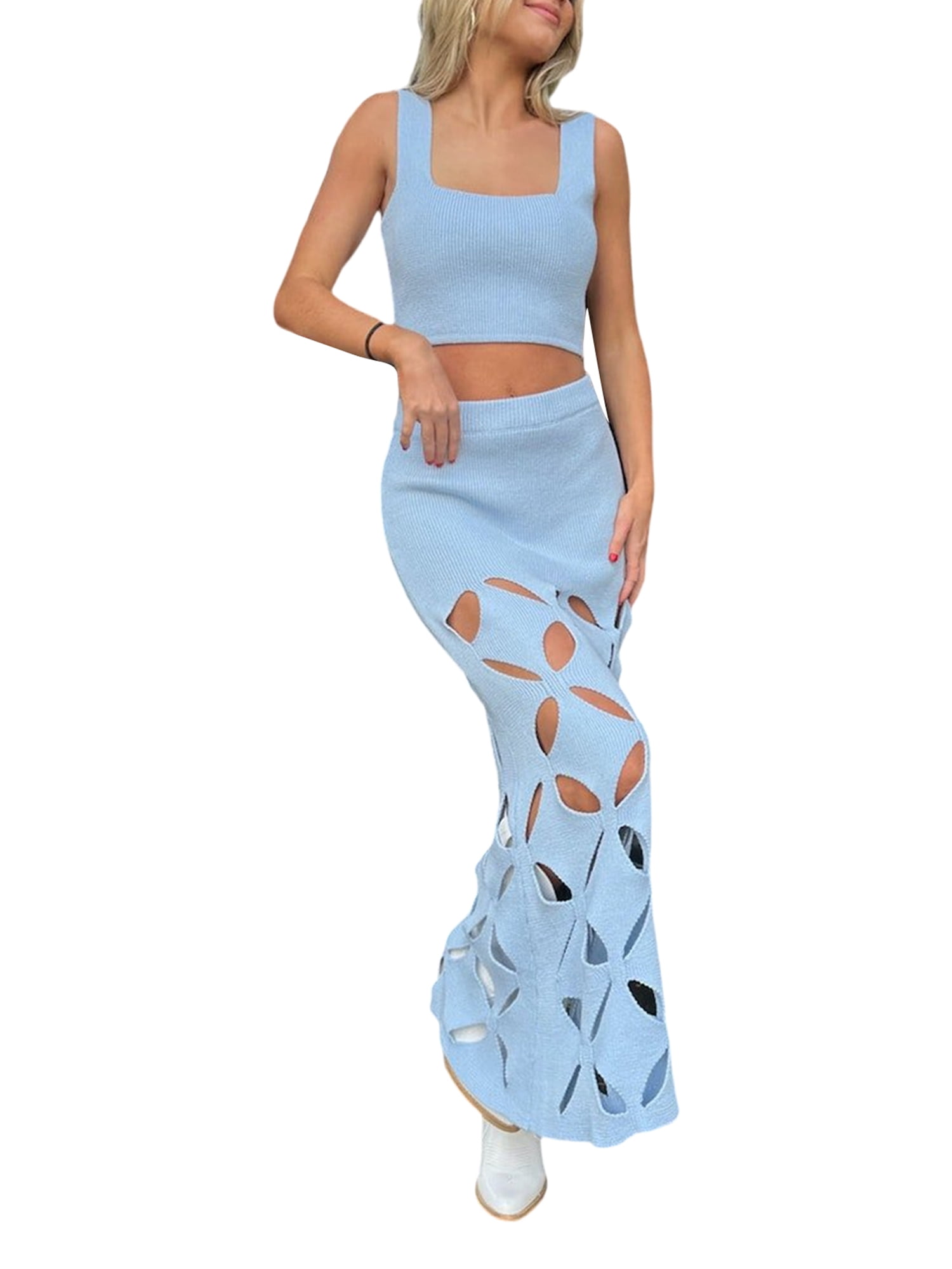 Mubineo 2pcs Women Summer Sets Tank Tops and Elastic Cutout High Waist Knitted Skirt Beach Outfits Streetwear