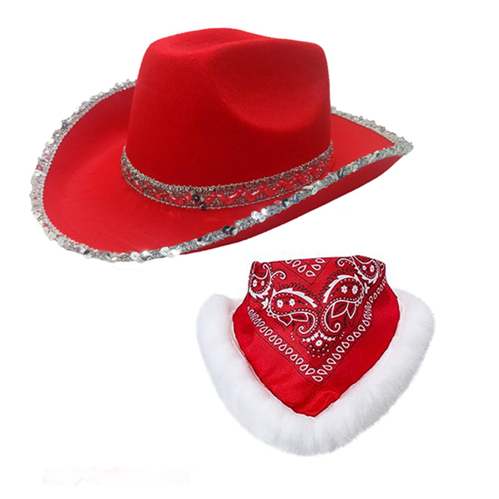 Mubineo Christmas Cowboy Hat and Scarf Sequined Santa Wide Brim Hat for