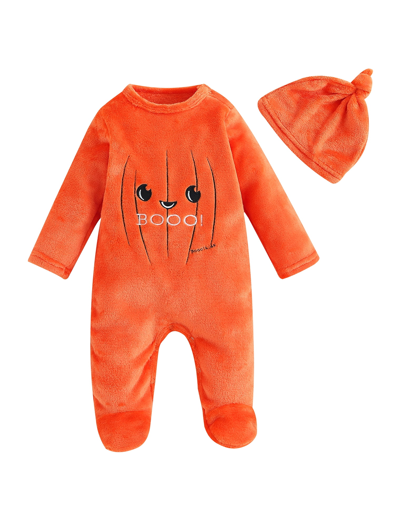 Mubineo Toddler Baby Halloween Rompers Pumpkin Pattern Long Sleeve Footed Jumpsuit and Hat for