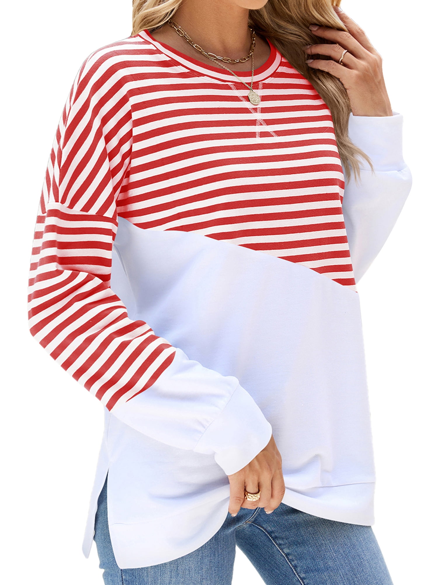 Mubineo Women Cute Sweatshirts Striped Print Side Split Loose Pullovers