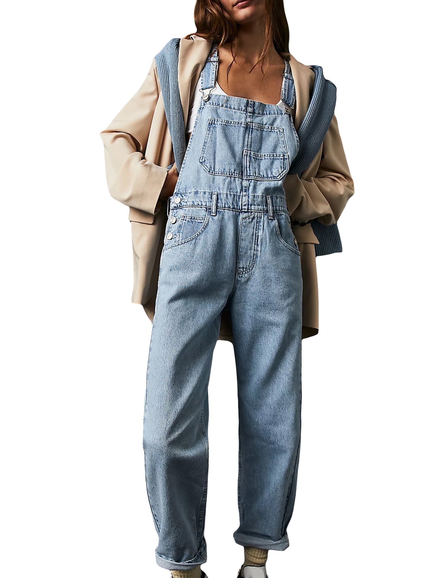 Mubineo Women Denim Long Jumpsuit Casual Spaghetti Strap Wide Leg Romper Pants Summer Baggy Bib Overalls