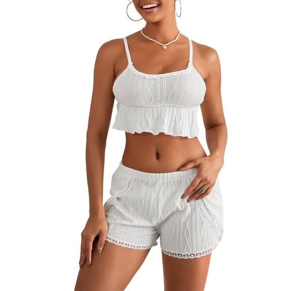 Mubineo Women Summer Cute Pajama Set Lace Patchwork Crop Sleeveless Camisole + Elastic Shorts 2Pcs Loungewear Set