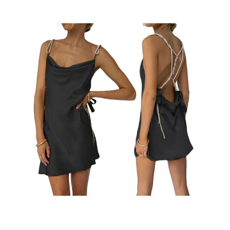 Mubineo Women Summer Party Dress Solid Color Glitter Shoulder Straps Sleeveless Open Back One Piece for Ladies White