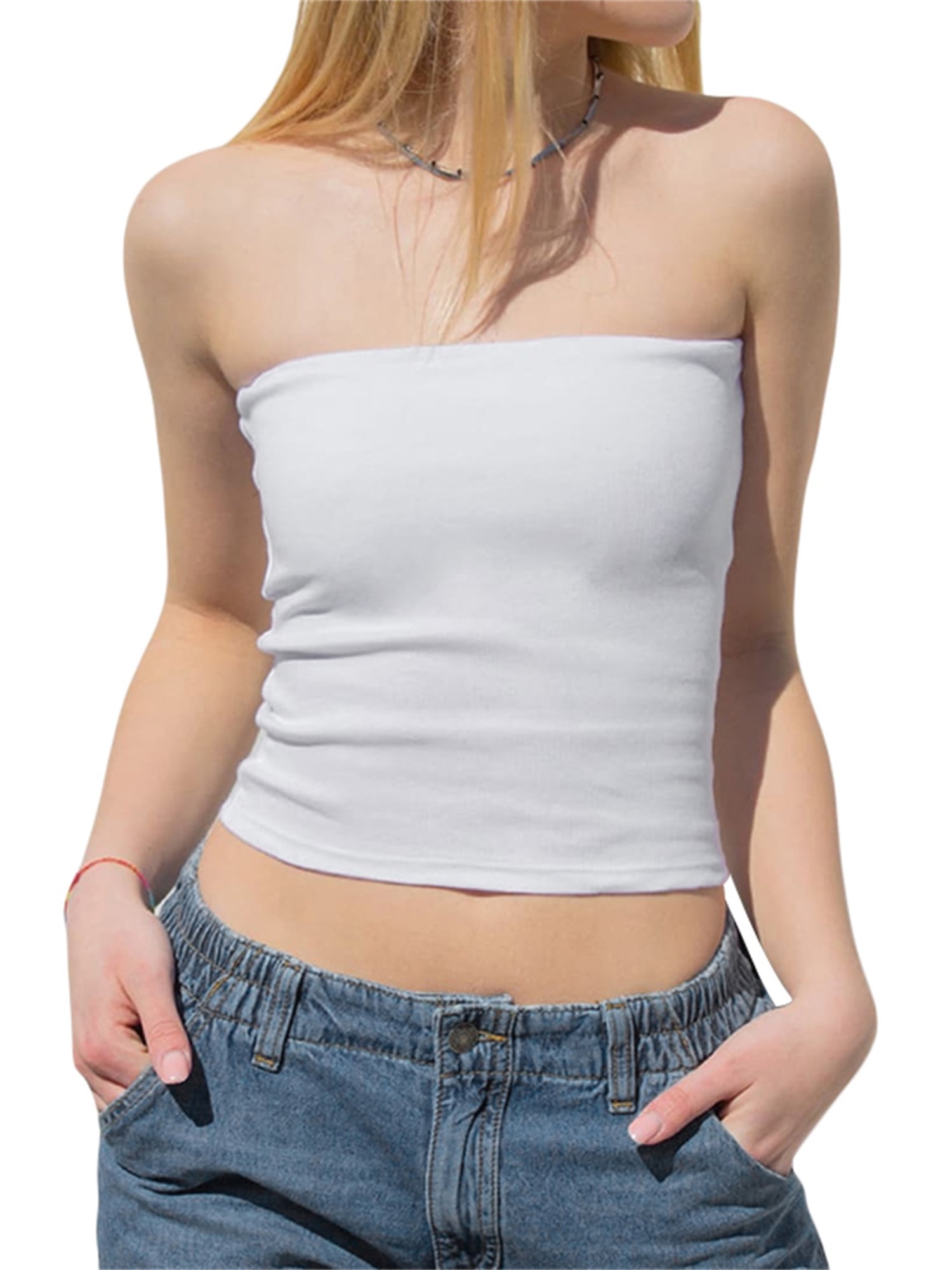 Mubineo Women s Summer Tube Tops Basic Strapless Solid Color Stretchy Bandeau Crop Tops