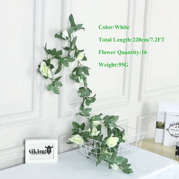 Mucalis 1 Pack White Artificial Flowers Garland 7.2FT Rose Vines Fake Plants Hanging Floral Vine for Wedding Party Decorations Home Decor