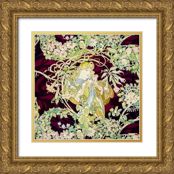 Mucha, Alphonse 12x12 Gold Ornate Wood Framed with Double Matting Museum Art Print Titled - Panel Entitled Femme a marguerite or Woman with Daisy