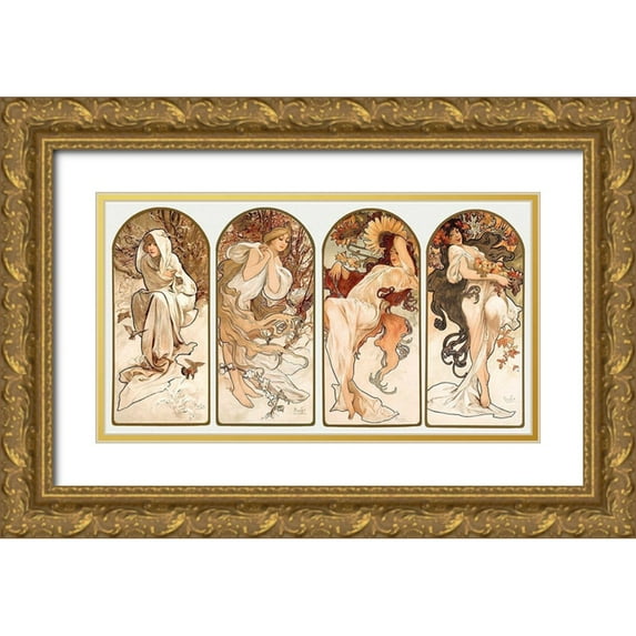 Mucha, Alphonse 14x9 Gold Ornate Wood Framed with Double Matting Museum Art Print Titled - The Seasons