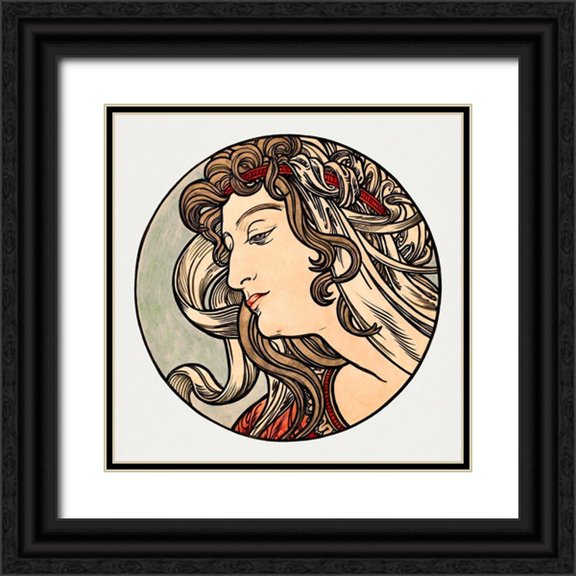 Mucha, Alphonse 26x26 Black Ornate Wood Framed with Double Matting Museum Art Print Titled - Stained glass window for the facade of the Fouquet boutique