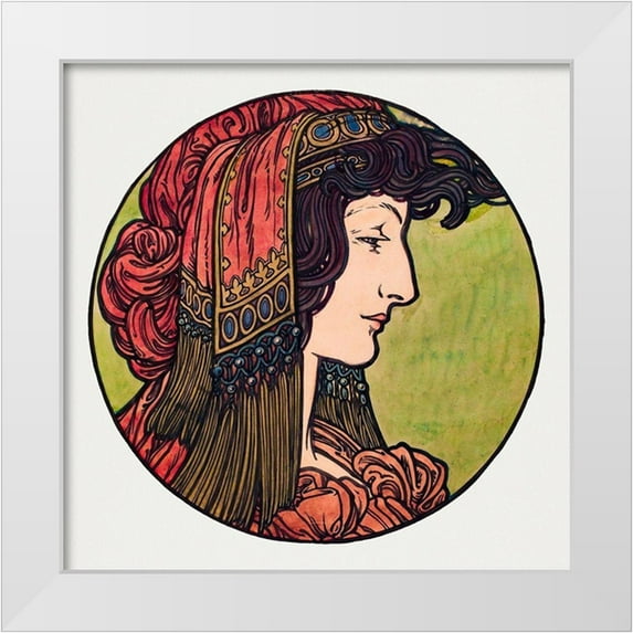 Mucha, Alphonse 26x26 White Modern Wood Framed Museum Art Print Titled - Stained glass window for the facade of the Fouquet boutique