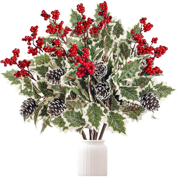 Muchenggift 16” Artificial Plastic Green and Red Christmas Branches Bouquet (6 Count)