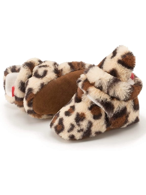 Baby Cotton Booties Non-Slip Sole, Leopard Print Beige, 6-12 Months