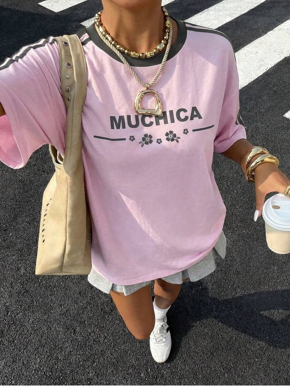 Muchica Women's Pink Floral Summer Sporty City Break Knitted Casual Sporty Patchwork Color-Blocked Letter Print Oversized Baggy Cute T-Shirt Tops Everyday