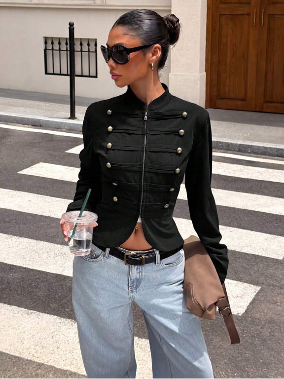 Muchica Women's Solid Color Zipper Jacket, Long Sleeve Stud Decor Casual Versatile Outerwear for Daily & Travel