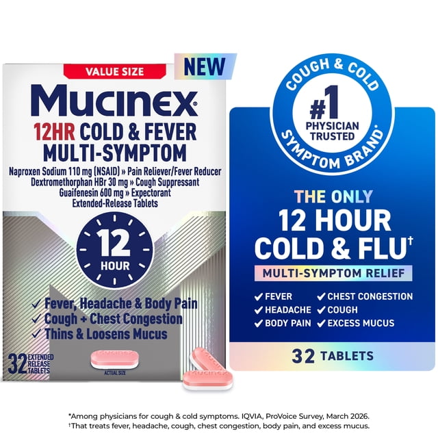 Mucinex 12 Hour Cold and Flu Medicine for Adults, Long Lasting Cough ...
