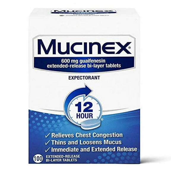 Mucinex 12 Hour Extended Release Tablets -Guaifenesin Relieves Chest Congestion Caused by Excess Mucus (#1 OTC expectorant), 100 Count (Pack of 1)