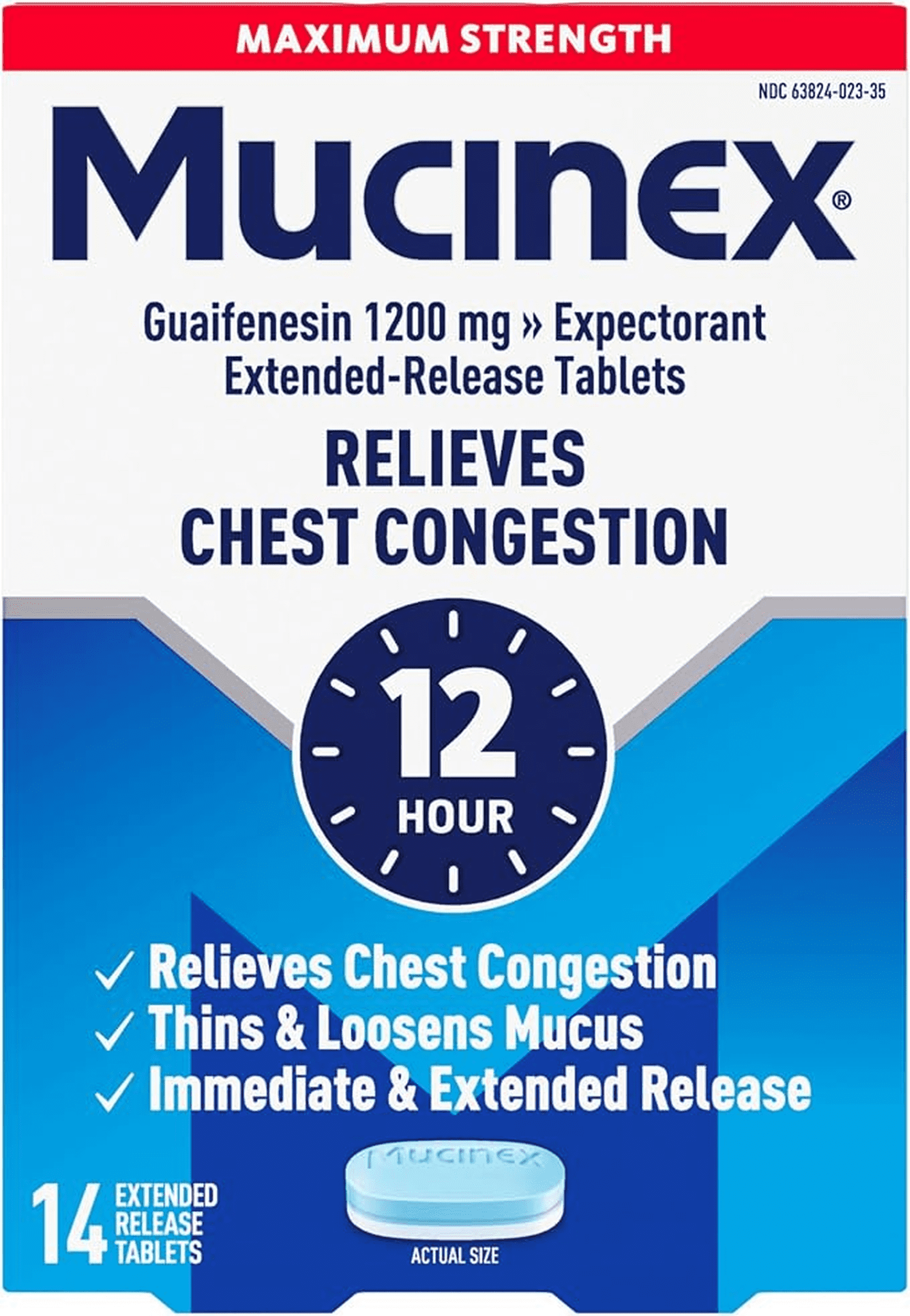 Mucinex 12 Hour Max Strength Expectorant, OTC Medicine for Excess Mucus Relief, FSA/HSA, 14 Tablets