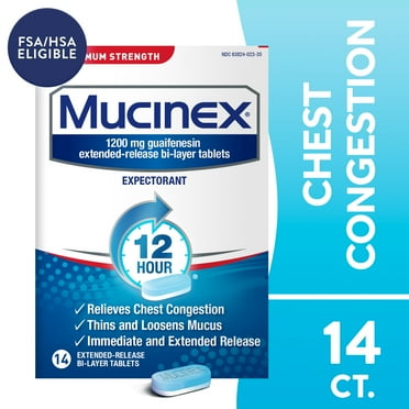 Mucinex 12 Hour Max Strength Expectorant, OTC Medicine for Excess Mucus Relief, FSA/HSA, 14 Tablets