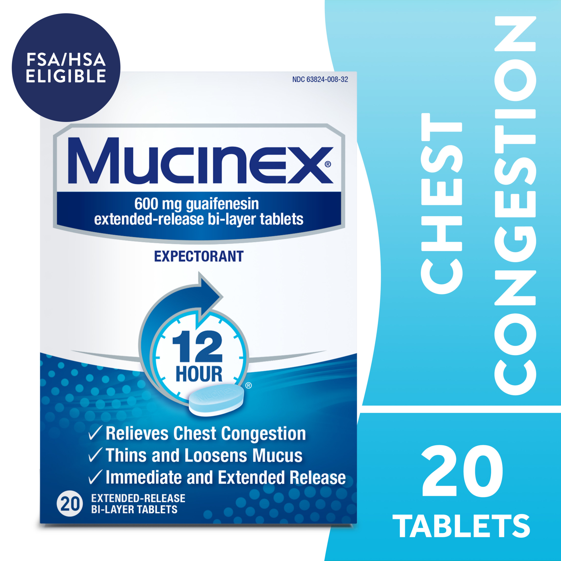 Mucinex 12 Hour Relief, Chest Congestion and Cough Medicine, 20 Tablets - image 1 of 13