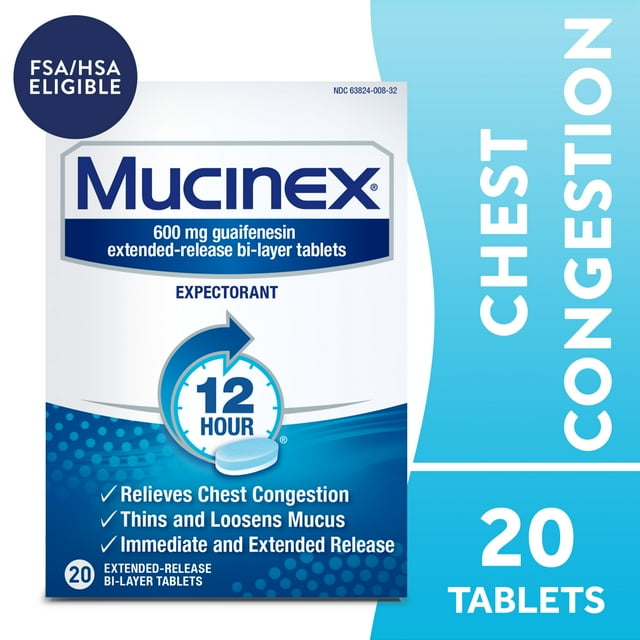 Mucinex 12 Hour Relief, Chest Congestion and Cough Medicine, 20 Tablets
