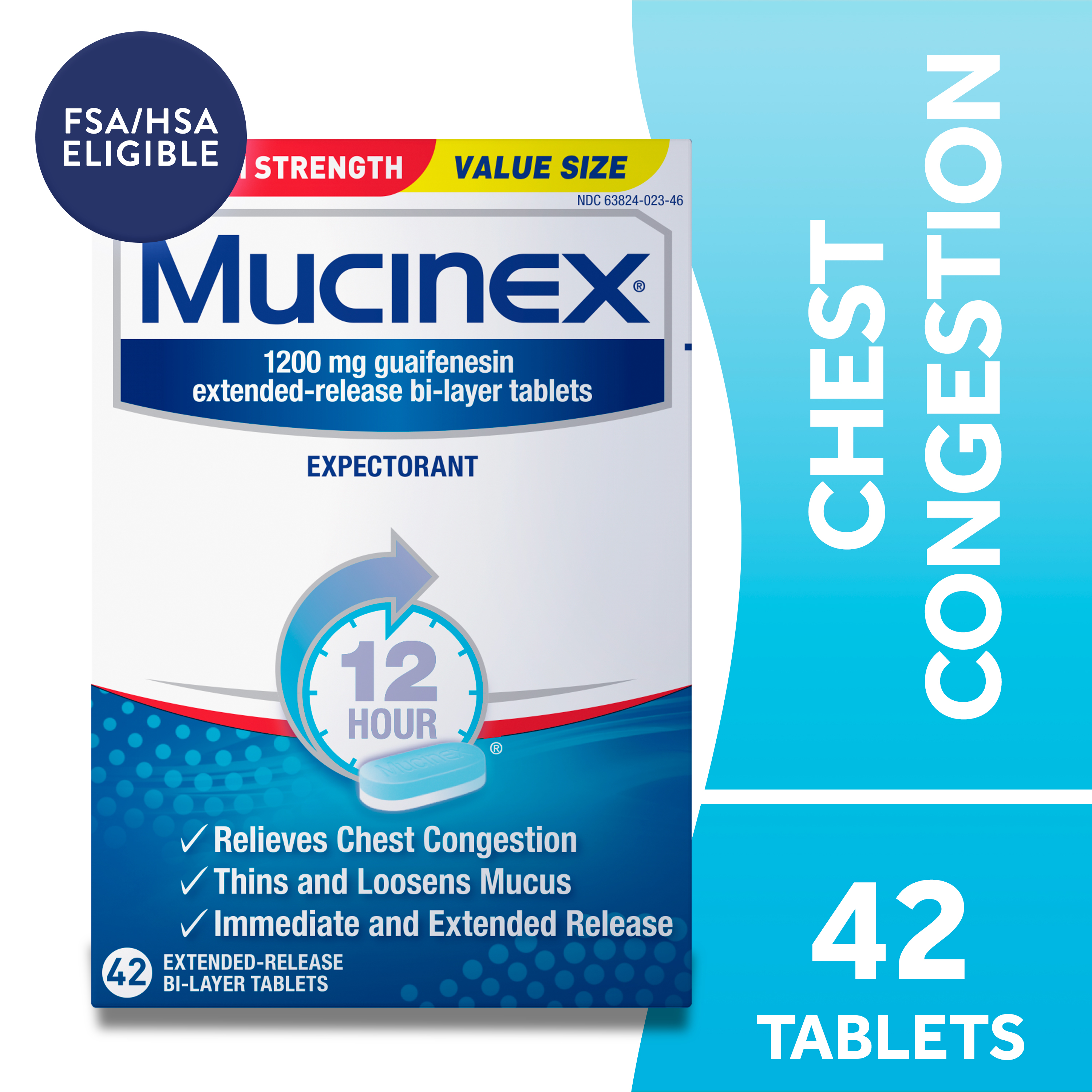 Mucinex 12 Hour Relief, Maximum Strength Chest Congestion and Cough Medicine, 42 Tablets - image 1 of 14