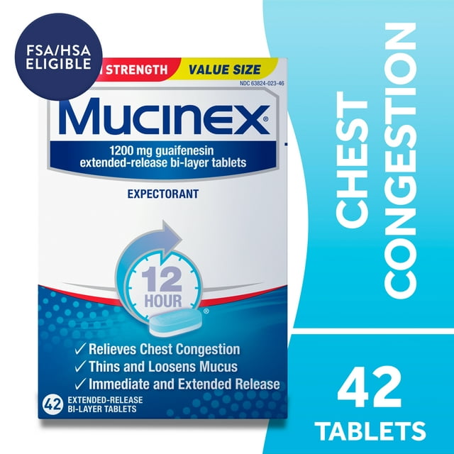 Mucinex 12 Hour Relief, Maximum Strength Chest Congestion and Cough Medicine, 42 Tablets
