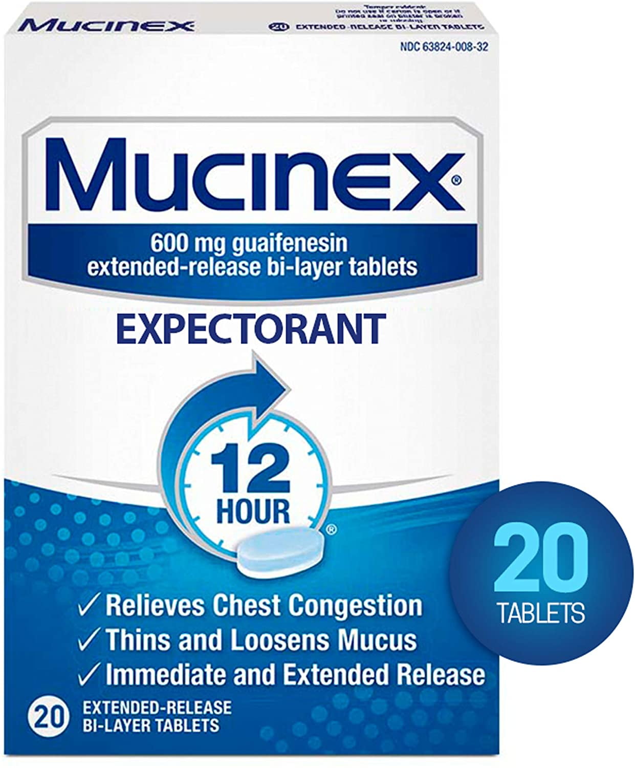 Mucinex 12 Hr Chest Congestion Expectorant, Tablets, 20ct
