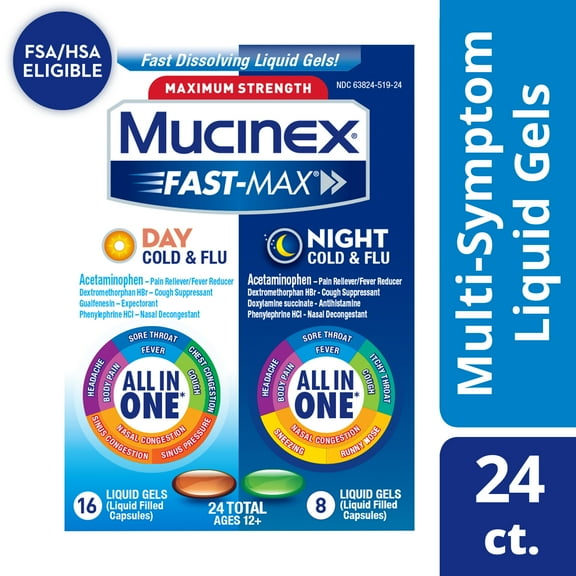 Mucinex Fast-Max Maximum Strength Cold & Flu Day and Night Medicine, All-in-One Multi-Symptom Relief Liquid Gels – 24 count (16 Day time + 8 Night time) (Packaging May Vary)