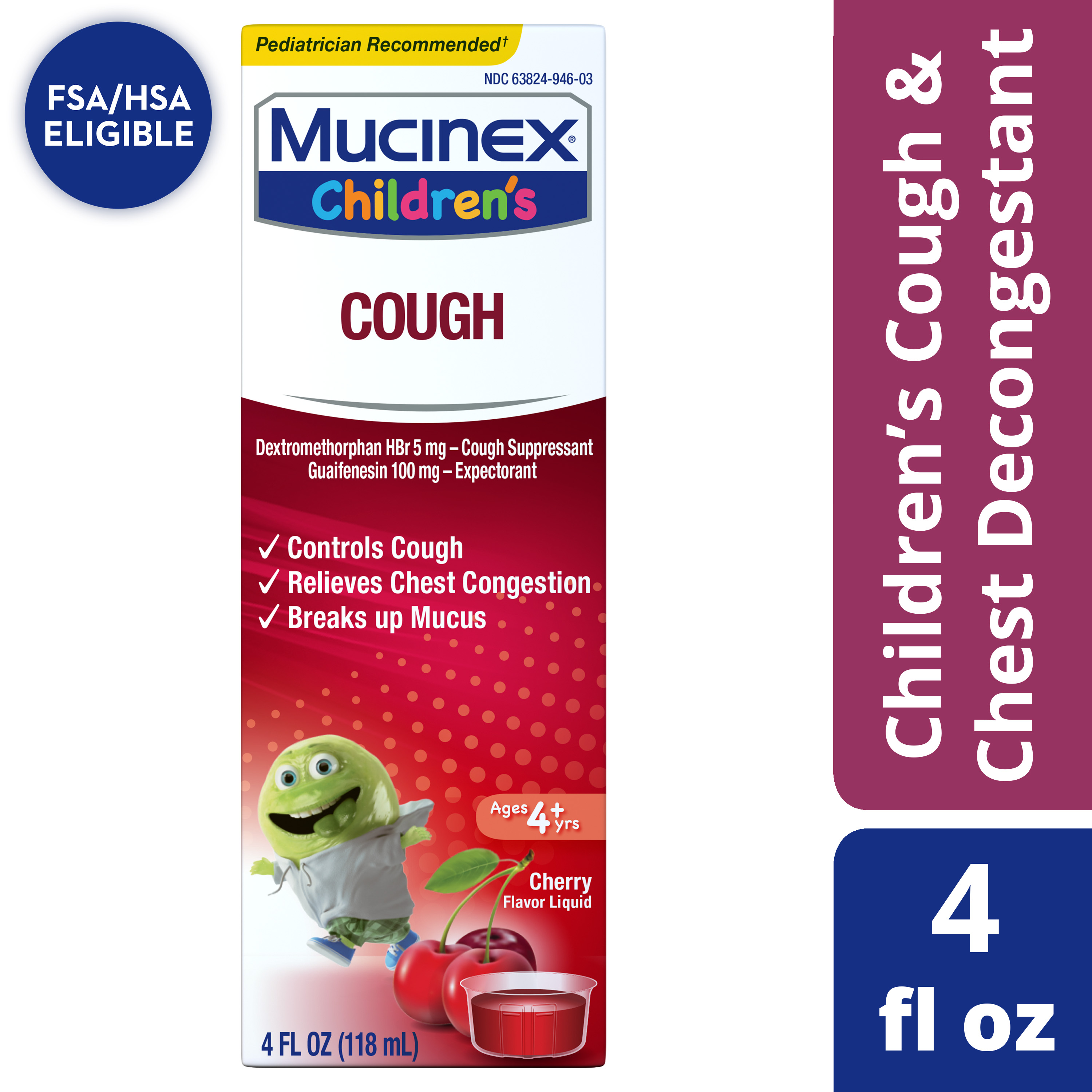 Mucinex Children's Cough Medicine , Chest Congestion Relief, Cherry, 4 fl oz - image 1 of 15