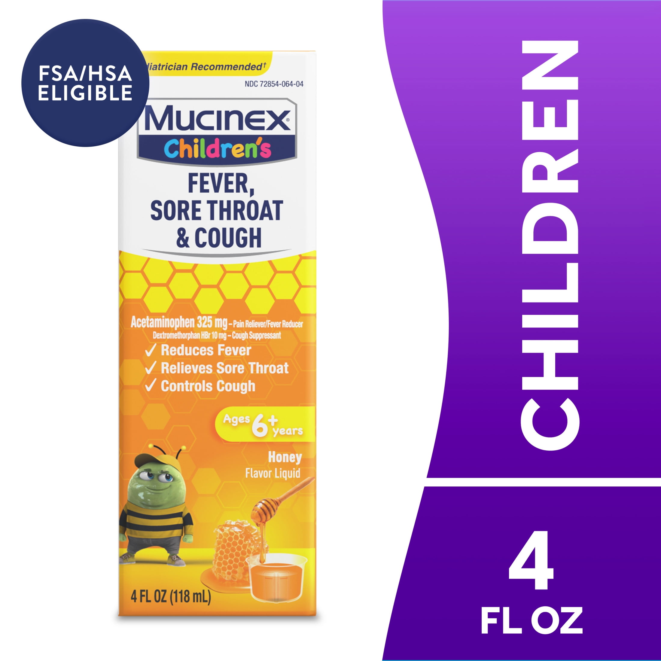 Mucinex Children's Fever, Sore Throat OTC' Cough Medicine for Kids, Honey Flavor Liquid, 4 fl oz