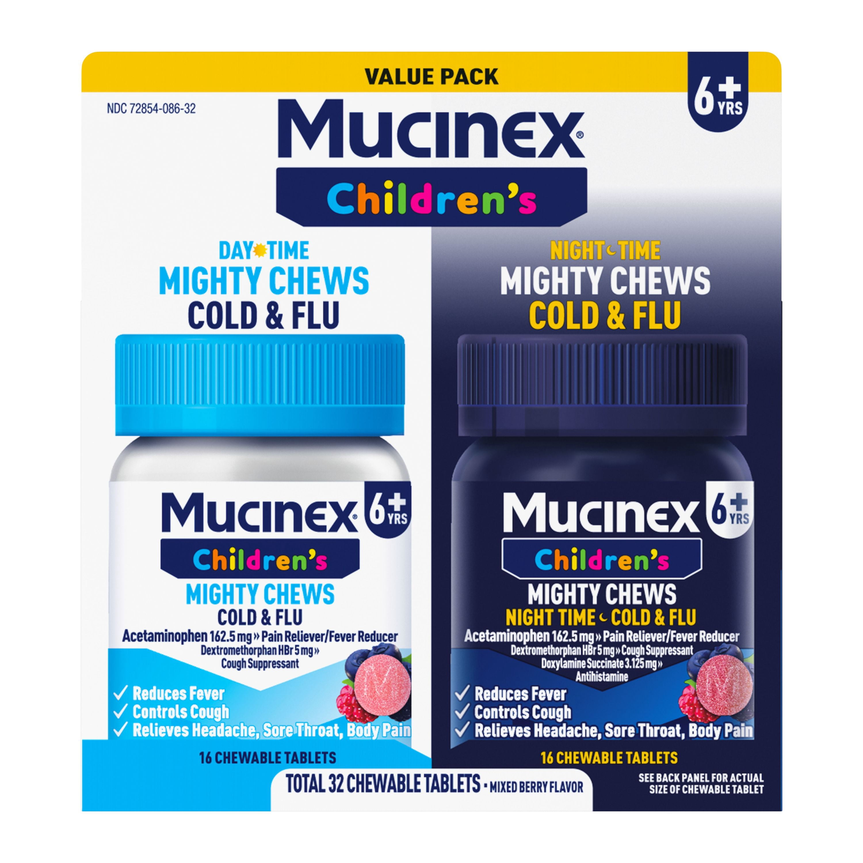 Mucinex Children's Mighty Chews Cold and Flu Relief chewable Tablets, Mixed Berry Flavor, Combo Pack