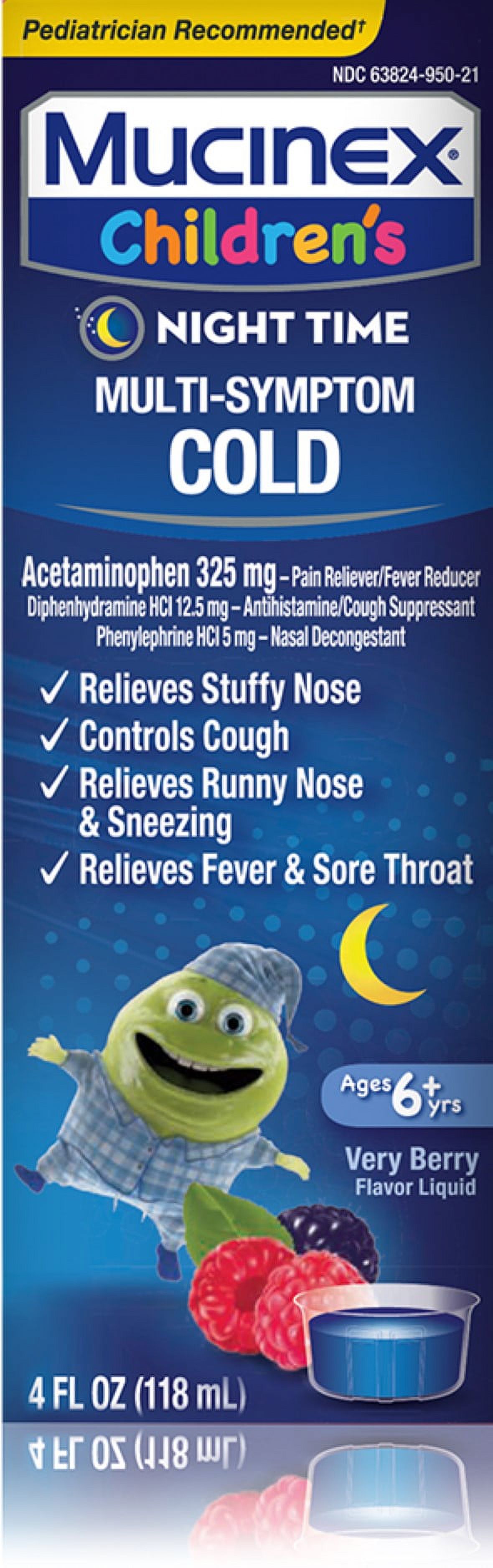 Mucinex Children's Multi-Symptom, Night Time Cold Liquid, Mixed Berry 4 oz (Pack of 2) - image 1 of 6