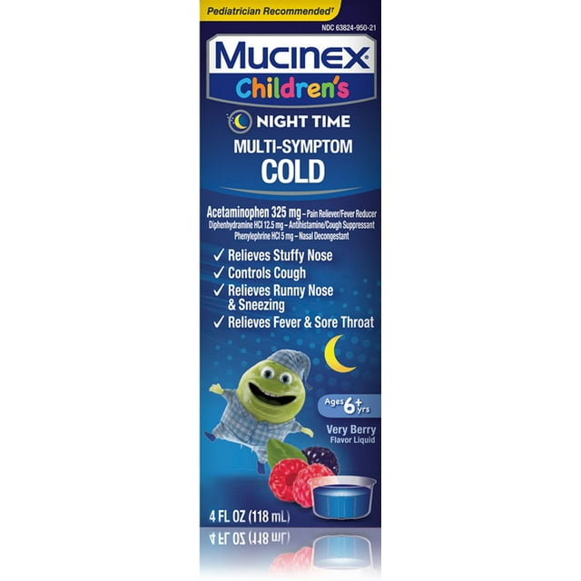 Mucinex Children's Multi-Symptom, Night Time Cold Liquid, Mixed Berry 4 oz (Pack of 2)