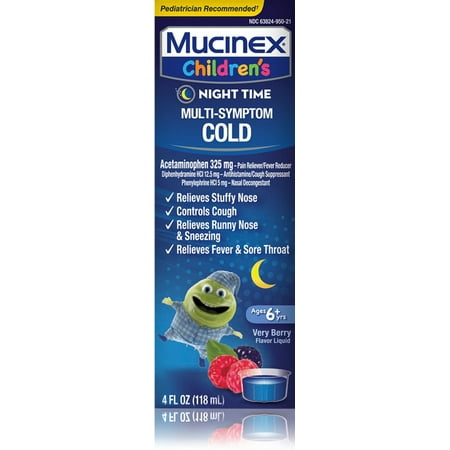 Mucinex Children's Multi-Symptom, Night Time Cold Liquid, Mixed Berry 4 oz (Pack of 4)