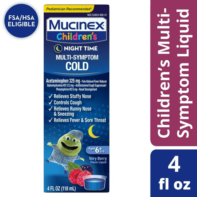 Mucinex Children's Night Time Cold Medicine, MultiSymptom Relief, Mixed Berry, 4 fl oz