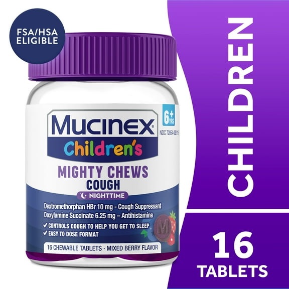 Mucinex Children's Nighttime Mighty Chews Cough Relief chewable tablets, Mixed Berry Flavor, 16 Count