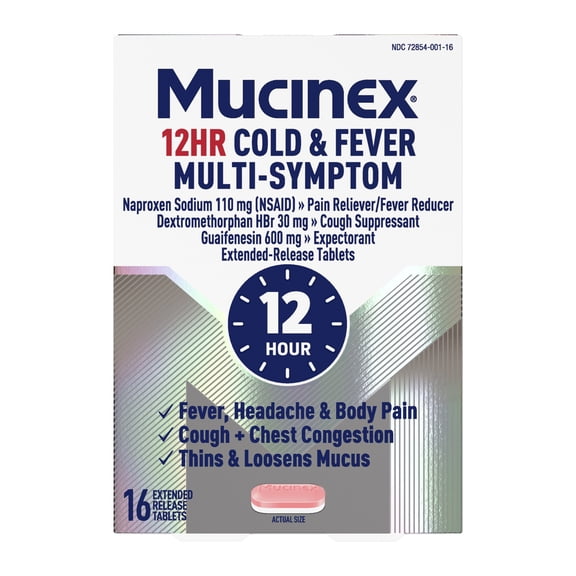 Mucinex 12 Hour Cold and Flu Medicine for Adults, Long Lasting Cough & Cold Medicine For All Day Relief of Headache, Body Aches, Fever, Cough, & Chest Congestion, 16 Bi-layer Tablets
