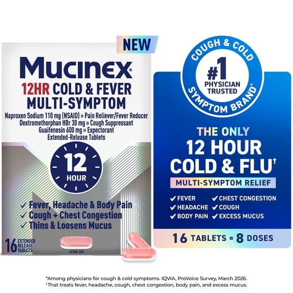 Mucinex 12 Hour Cold and Flu Medicine for Adults, Long Lasting Cough & Cold Medicine For All Day Relief of Headache, Body Aches, Fever, Cough, & Chest Congestion, 16 Bi-layer Tablets