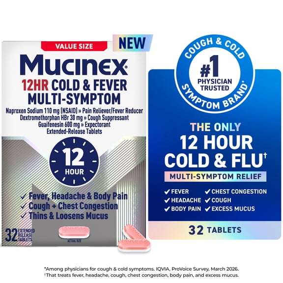 Mucinex 12 Hour Cold and Flu Medicine for Adults, Long Lasting Cough & Cold Medicine For All Day Relief of Headache, Body Aches, Fever, Cough, & Chest Congestion, 32 Bi-layer Tablets