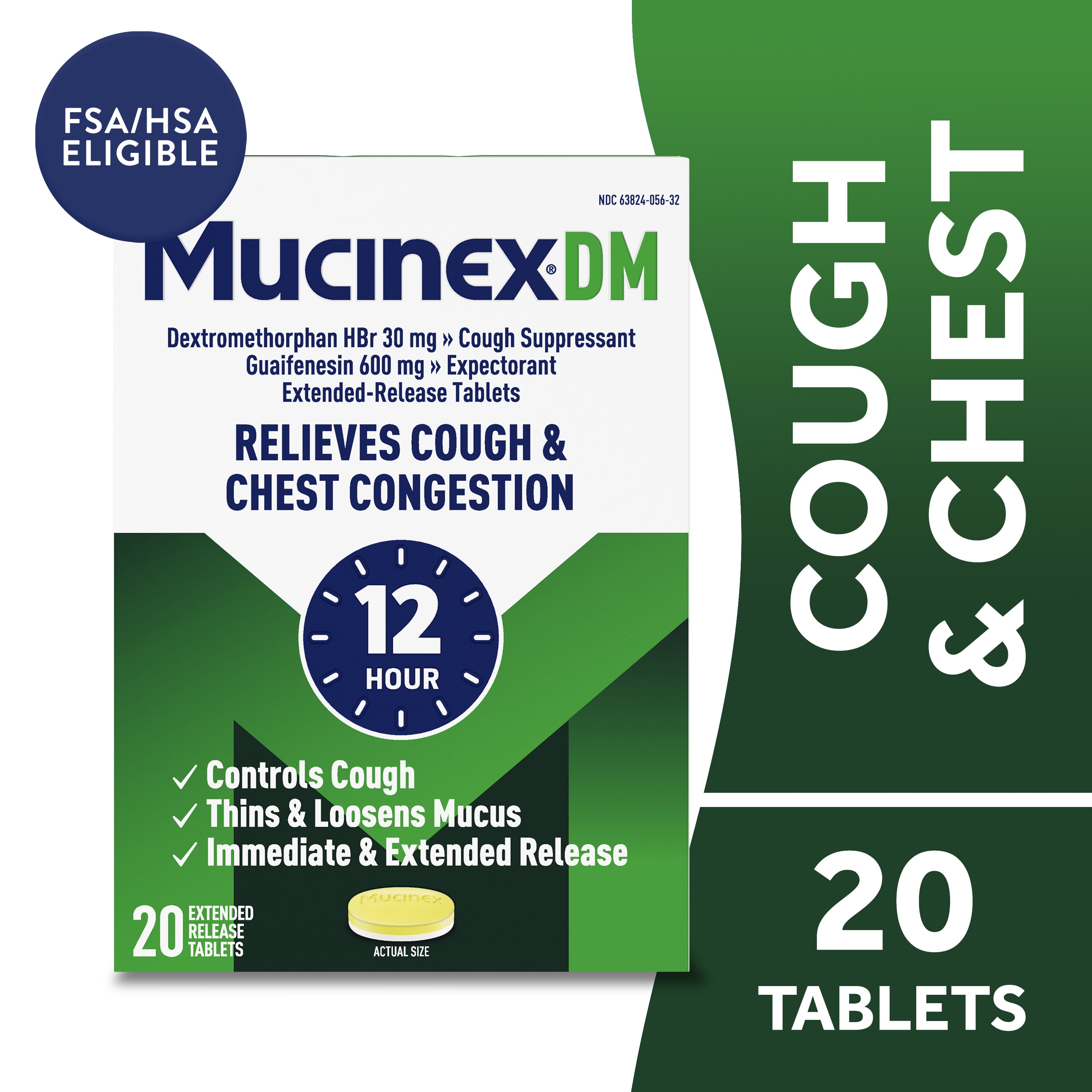 Mucinex DM 12 Hour Expectorant & Cough Medicine, Excess Mucus Relief & Cough Suppressant, 20 Tablets