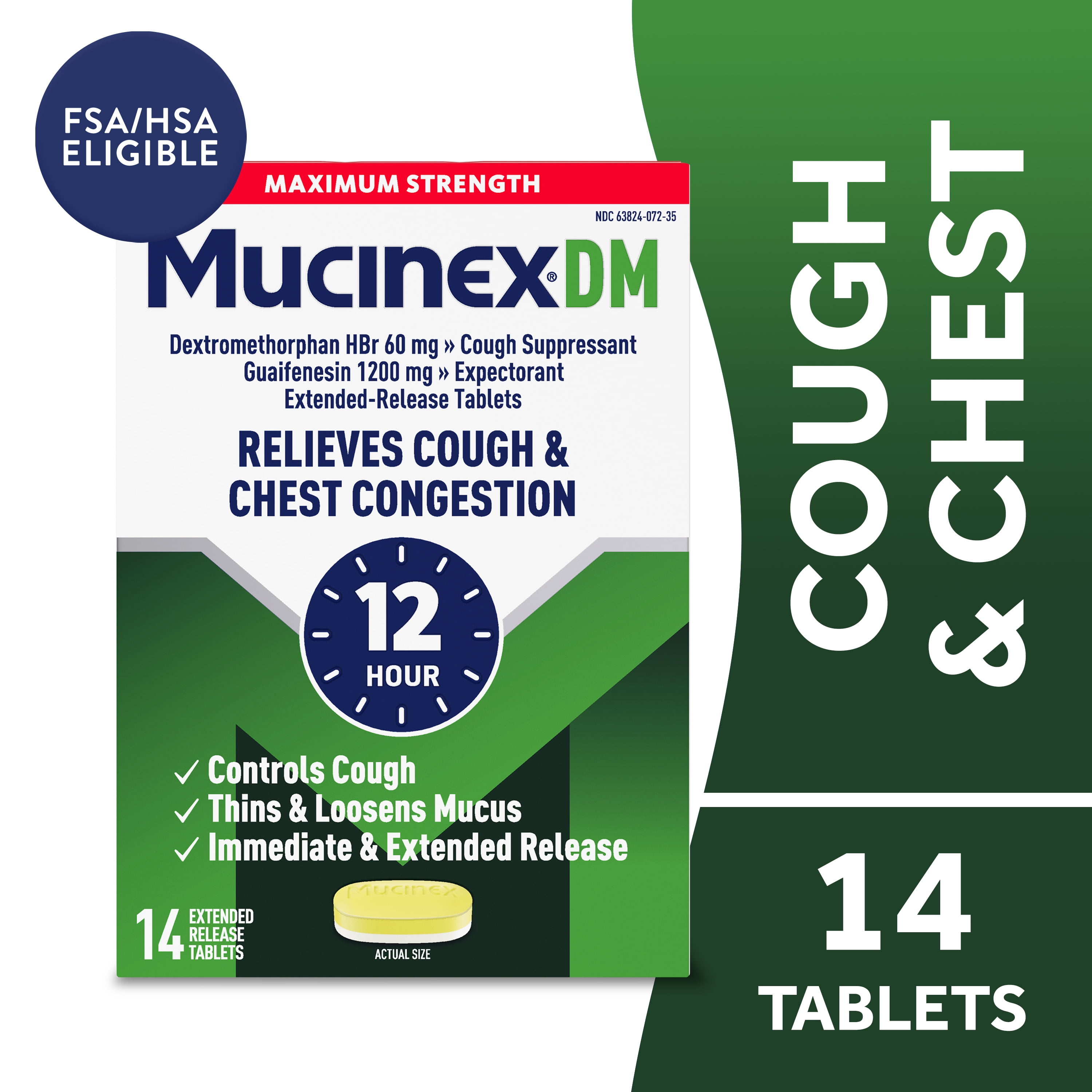 Mucinex DM 12 Hour Max Strength Expectorant & Cough Medicine, Excess Mucus Relief, FSA, 14 Tablets