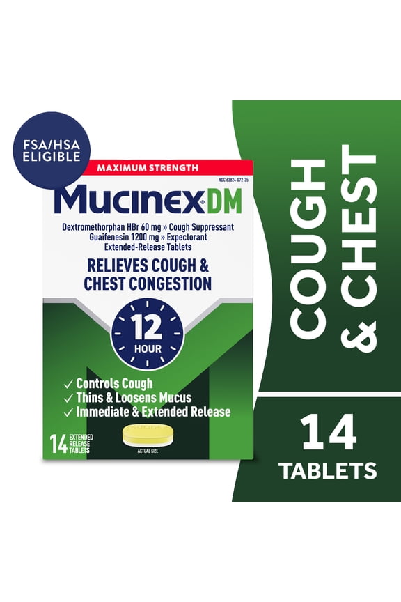 DM 12 Hour Max Strength Expectorant & Cough Medicine, Excess Mucus Relief, FSA, 14 Tablets