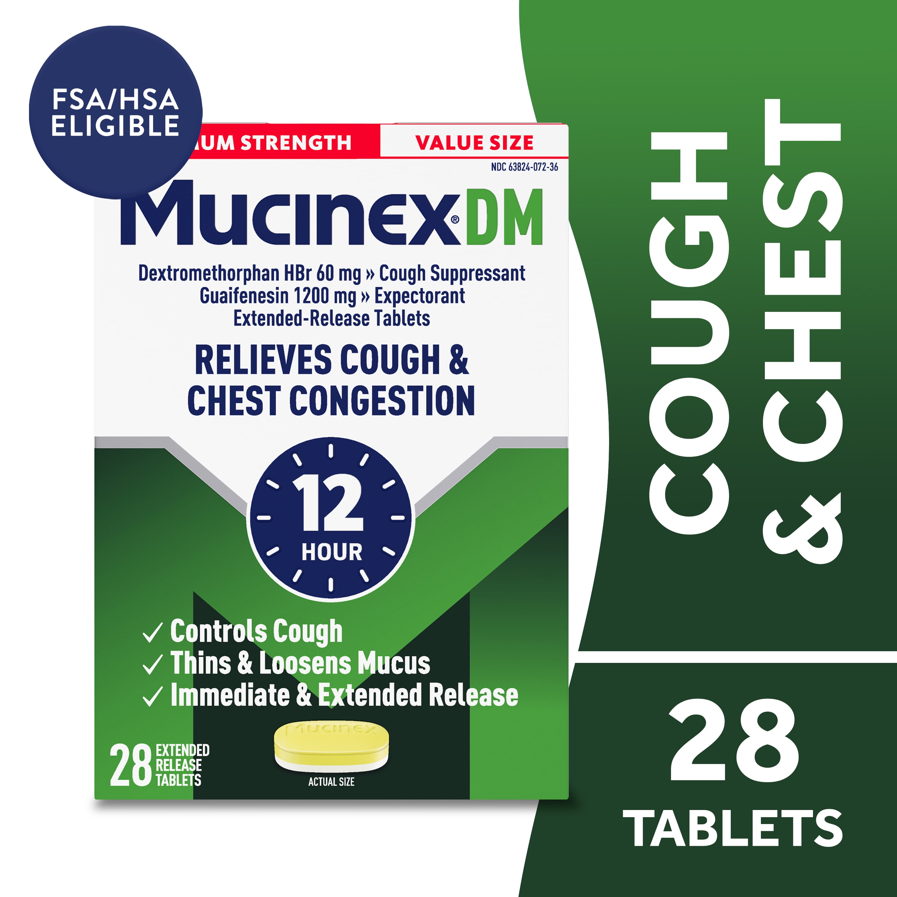 Mucinex DM 12 Hour Max Strength Expectorant & Cough Medicine, Excess Mucus Relief, FSA, 28 Tablets