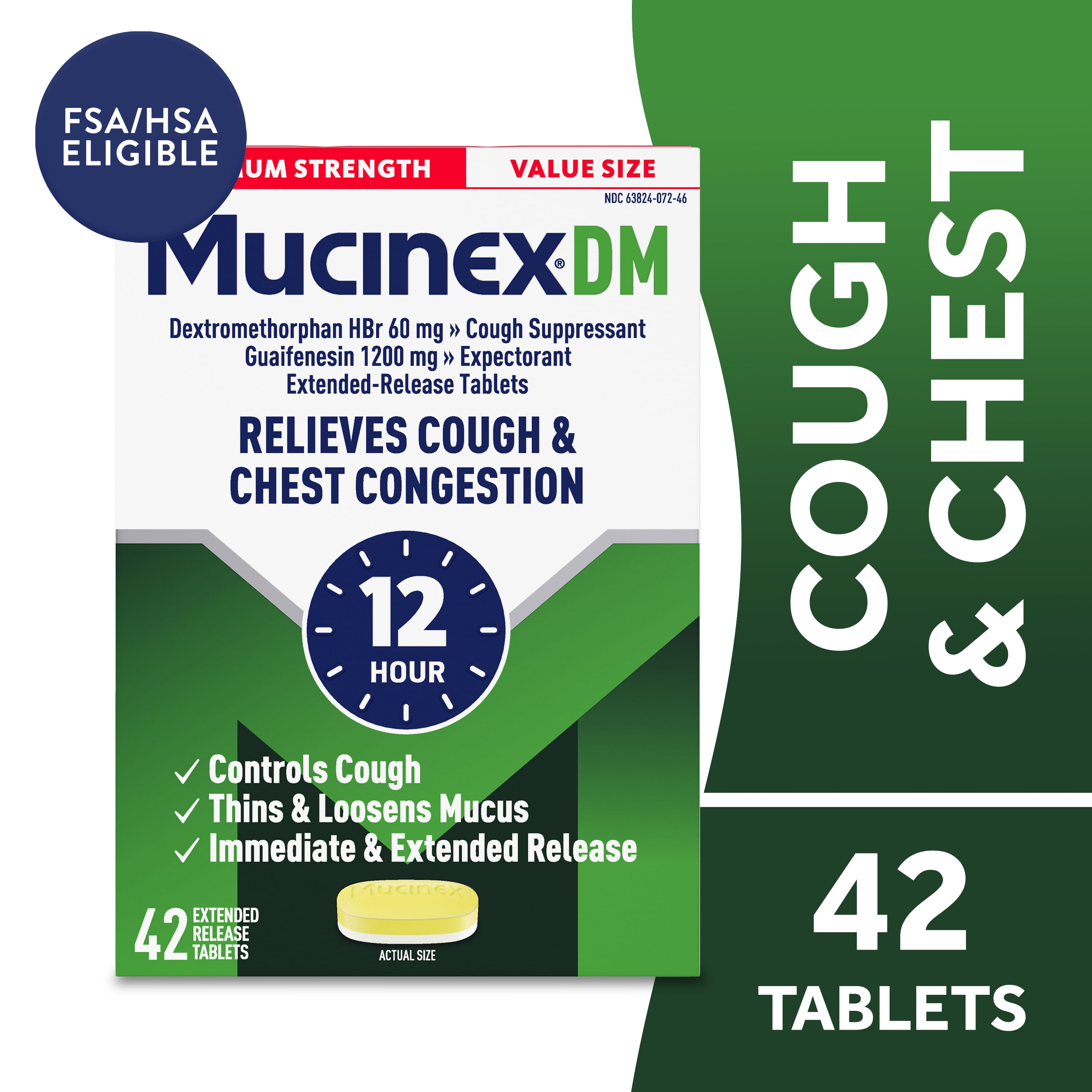 Mucinex DM 12 Hour Max Strength Expectorant & Cough Medicine, Excess Mucus Relief, FSA, 42 Tablets