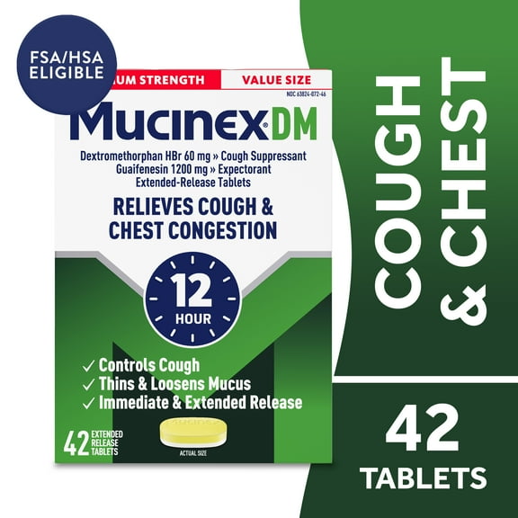 Mucinex DM 12 Hour Max Strength Expectorant & Cough Medicine, Excess Mucus Relief, FSA, 42 Tablets